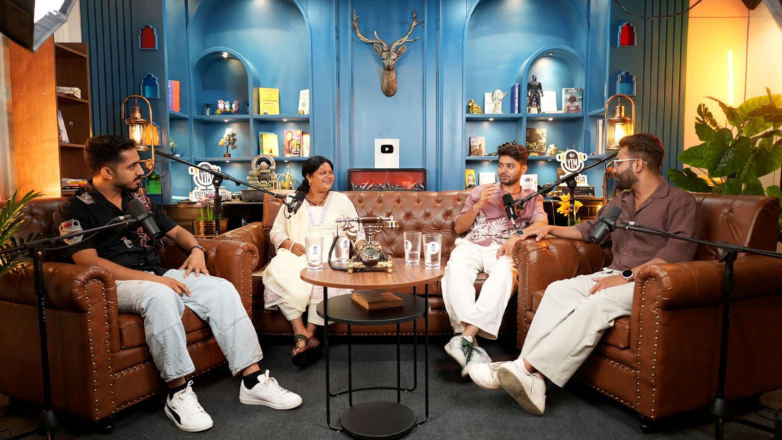 Four-person panel discussion on the Blue Theme set at Oskillo Studio, a setup for Jaipur creators and guests