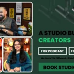 Oskillo Studio poster: a studio built for creators, with host and guests recording in themed podcast sets