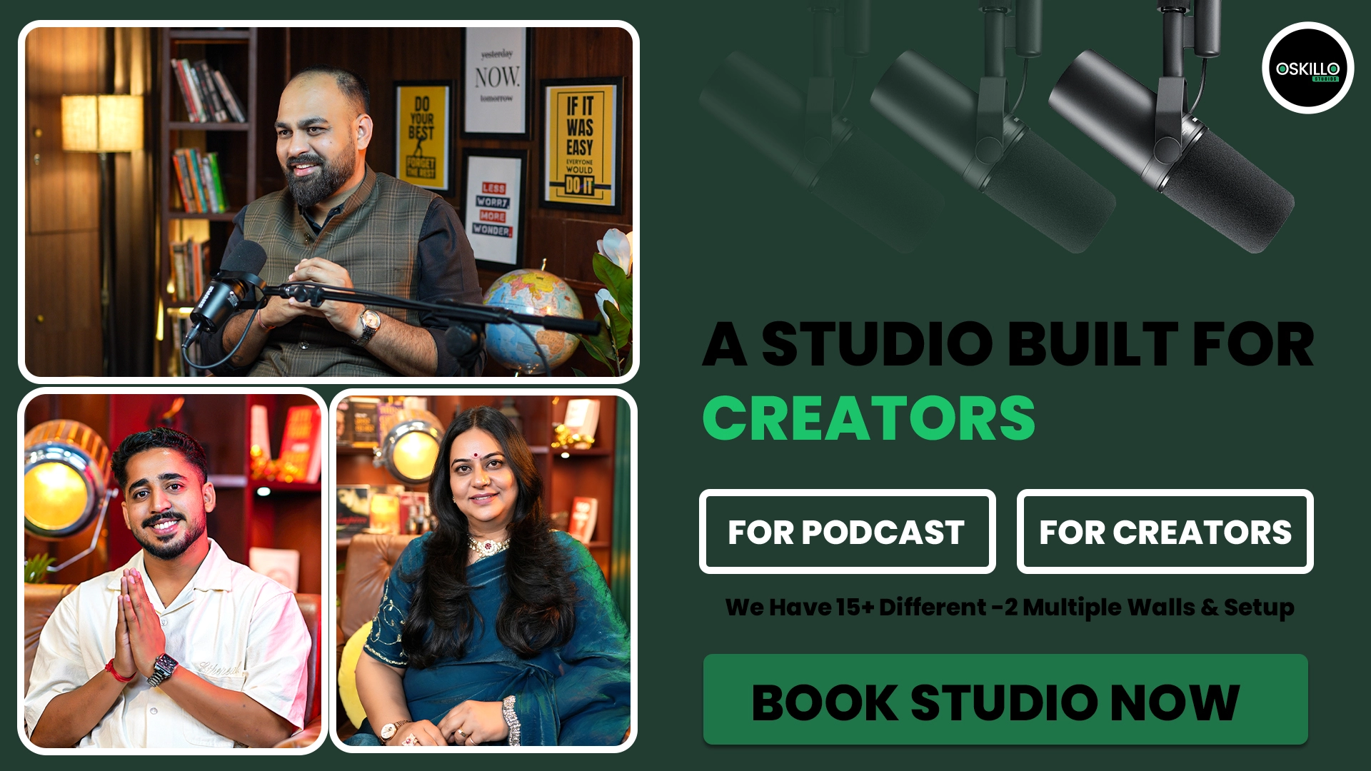 Oskillo Studio poster: a studio built for creators, with host and guests recording in themed podcast sets