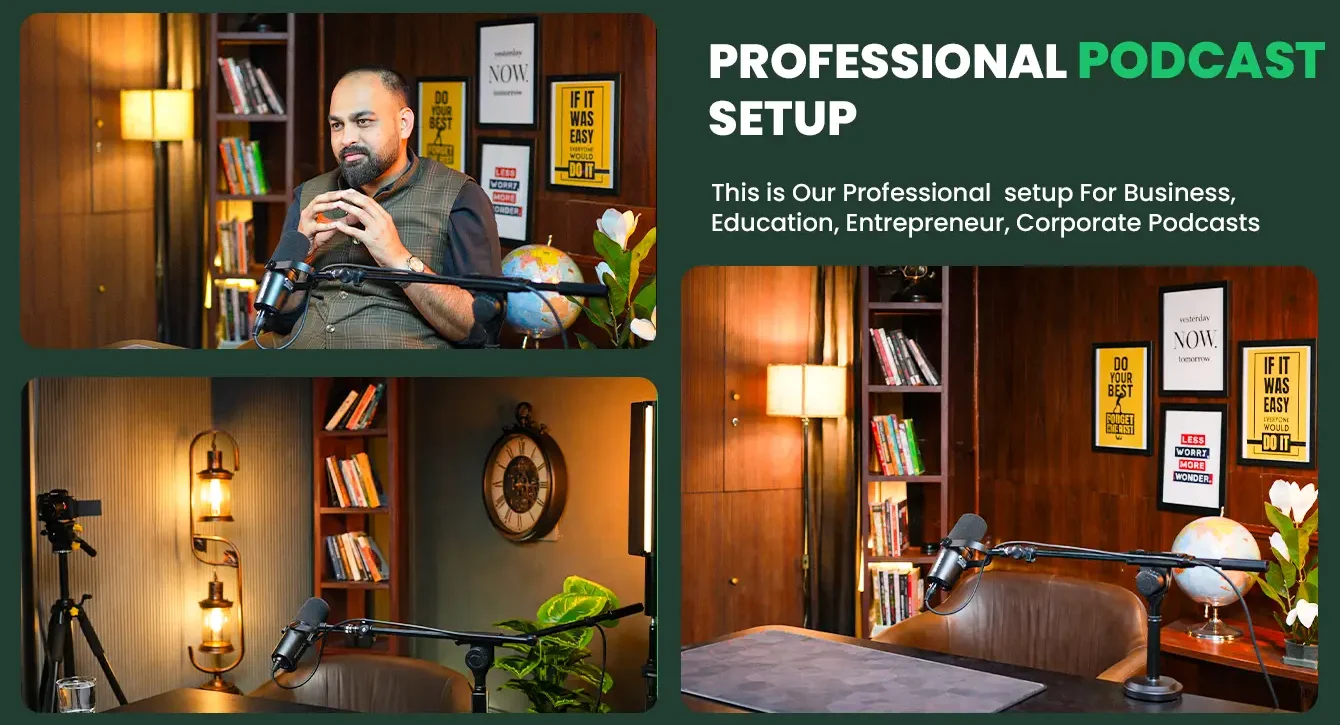 Why Content Creators Need a Professional Studio in 2026 1 Oskillo Studio Best Podcast Studio for Rent in Jaipur Professional podcast setup poster with a host at the microphone in the wood-panelled set
