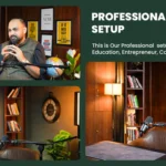 Professional podcast setup poster with a host at the microphone in the wood-panelled set
