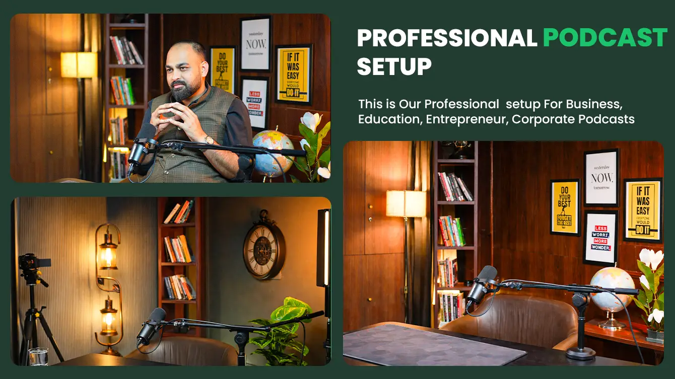 Professional podcast setup poster with a host at the microphone in the wood-panelled set