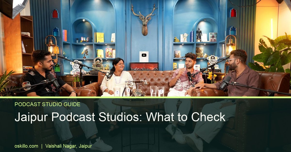 Best Podcast Studio in Jaipur: 2026 Guide to Sets and Prices 4 Oskillo Studio Best Podcast Studio for Rent in Jaipur Blue Theme podcast set at Oskillo Studio in Jaipur with a four-person panel discussion