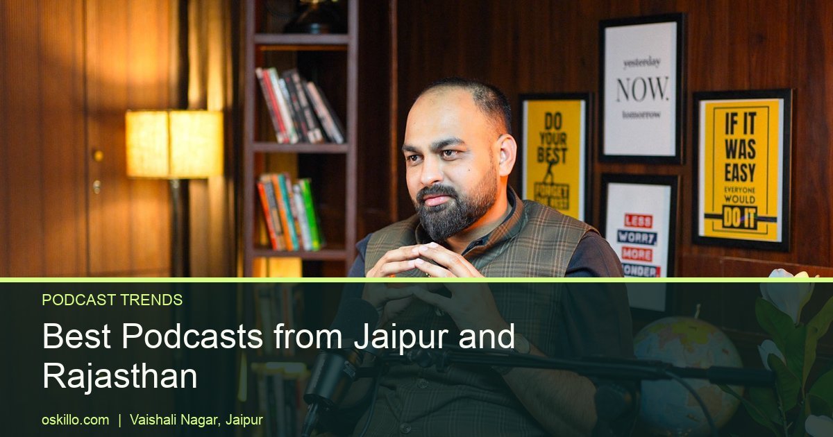 Best Podcasts in Jaipur and Rajasthan to Follow in 2026 9 Oskillo Studio Best Podcast Studio for Rent in Jaipur Podcast speaker talking into a Shure microphone on the dark wood office set at Oskillo Studio, Jaipur