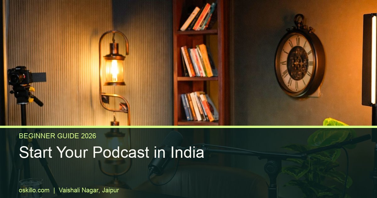How to Start a Podcast in India: Step-by-Step Guide 2026 10 Oskillo Studio Best Podcast Studio for Rent in Jaipur Empty grey vintage podcast set with a camera on a tripod, ready for a beginner's first podcast in India
