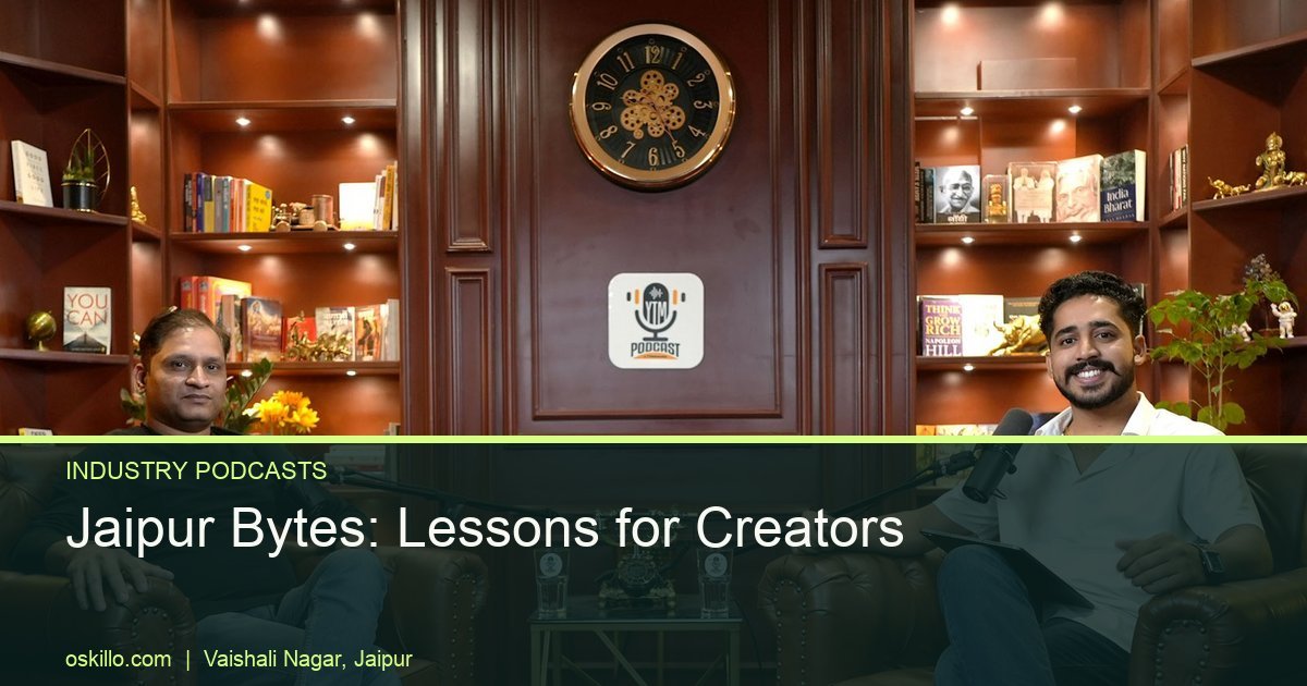 Jaipur Bytes Podcast: What Jaipur Creators Can Learn From JLF's Show 2 Oskillo Studio Best Podcast Studio for Rent in Jaipur Host and guest in conversation on the wooden library set at Oskillo Studio, Jaipur, a setup suited to a Jaipur Bytes style podcast