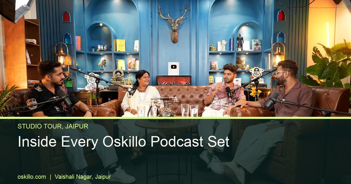 Wide view of the Blue Theme podcast set at Oskillo Studio Jaipur with four people in a panel discussion