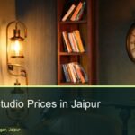 Grey vintage podcast set at Oskillo Studio in Jaipur with a camera on a tripod ready for recording