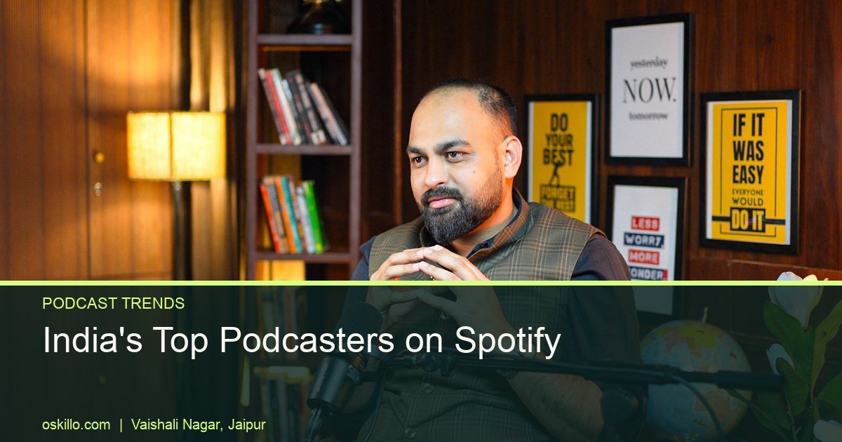 Spotify Wrapped India: Top Podcasters to Watch Before 2026 Results 6 Oskillo Studio Best Podcast Studio for Rent in Jaipur Podcast host speaking into a Shure microphone on a dark wood office set at Oskillo Studio, Jaipur