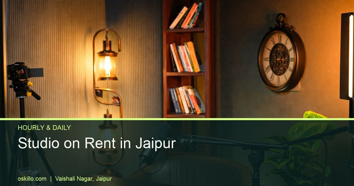 Studio on Rent in Jaipur: Hourly and Daily Options for Creators 7 Oskillo Studio Best Podcast Studio for Rent in Jaipur Grey vintage set at Oskillo Studio Jaipur with a camera on a tripod, available as a studio on rent by the hour