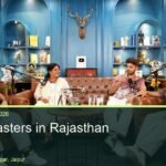 Four-person panel discussion on the Blue Theme set at Oskillo Studio, Jaipur, for a Rajasthan podcast