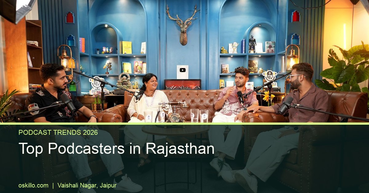 Top Podcasters in Rajasthan 2026: Shows Putting the State on the Map 1 Oskillo Studio Best Podcast Studio for Rent in Jaipur Four-person panel discussion on the Blue Theme set at Oskillo Studio, Jaipur, for a Rajasthan podcast